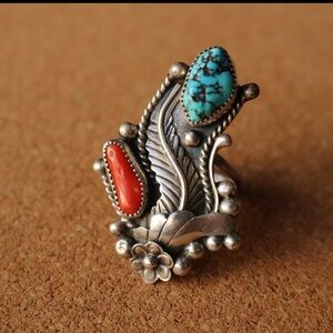 Vintage Navajo Coral 🪸 & Turquoise Sterling Silver Ring, Native, Southwestern